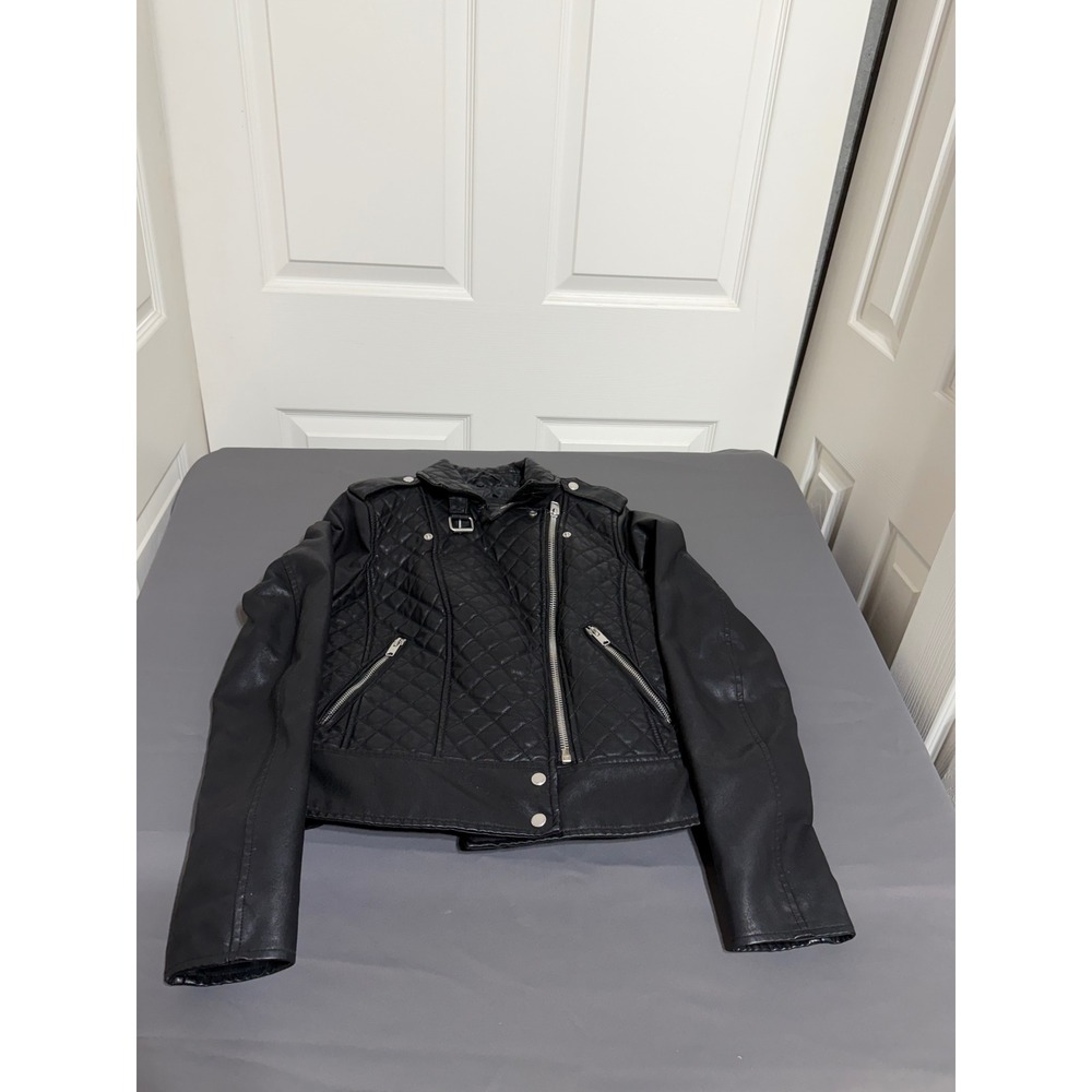 Marc New York Andrew Marc Black Quilted Faux Leather Moto Jacket Womens XS